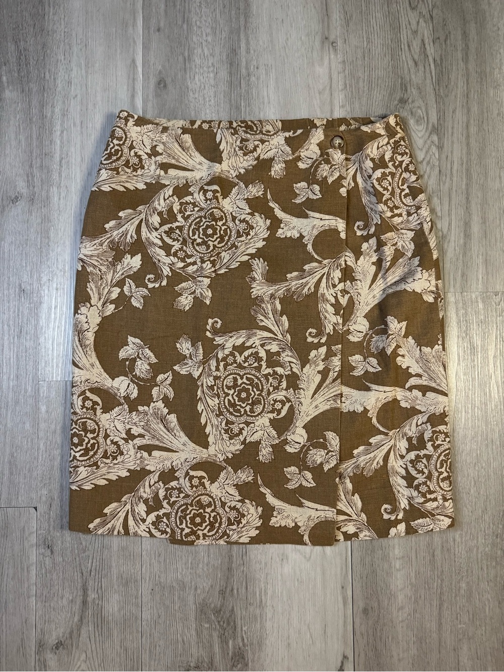 Lands’ End vintage Brown Floral damask Linen blend wrap knee length  skirt 12
